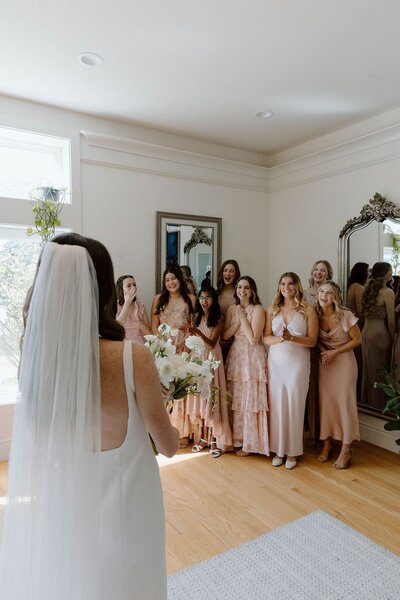 First look with Bride and bridesmaids, bridesmaids facing camera wearing pastel pink, bride facing away