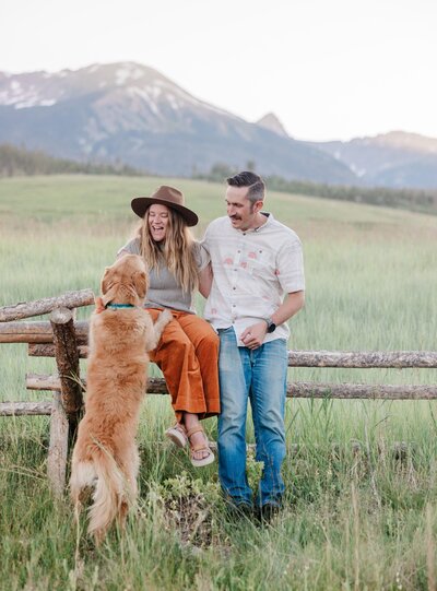 A dog leaps onto mom's lap as she sits with dad on a pasture fence in summer captured by a Breckenridge Couples Photographer