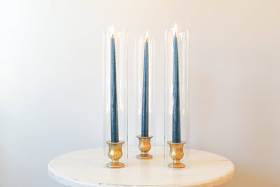 TE Inventory-Short Gold Glass Traditional Taper Candle Bases with Candle and Glass Hurricanes 103