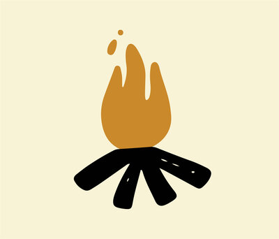 Illustration of a simple campfire with five black logs arranged in a circle and an orange flame rising above them on a light cream background, evoking memories of cozy evenings at Suwannee River Rendezvous camping in the heart of Mayo, Florida.