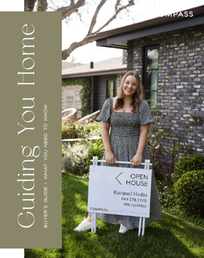 A guide cover with a photo of Realtor Racquel Hedin outside by an open house sign