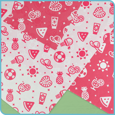 An fun, summery icon-based pattern shown in pink on white tissue paper and in white on pink tissue paper