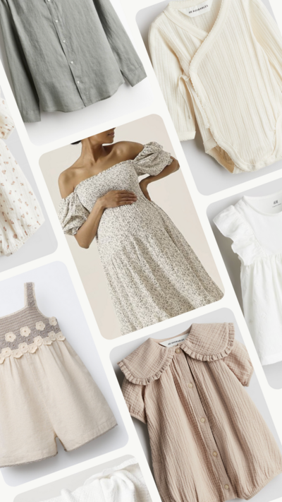 Collage of coordinated wardrobe pieces for a family photo session, including a dress for mom, children’s rompers, a baby bodysuit, and neutral-toned tops for dads, curated for a Kansas City photography session.