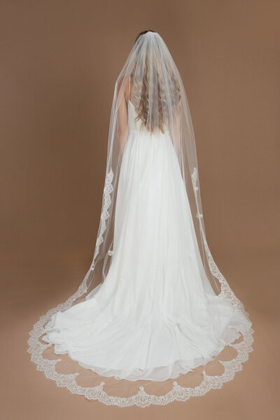 Bride wearing a chapel length veil with lace edge and holding a white and blush bouquet