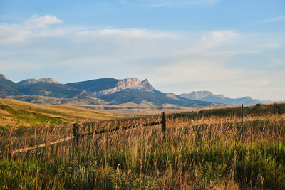 image showing a valley in montana with prairie grasses and an old fence in front of a low mountain range, with golden light under a big blue sky