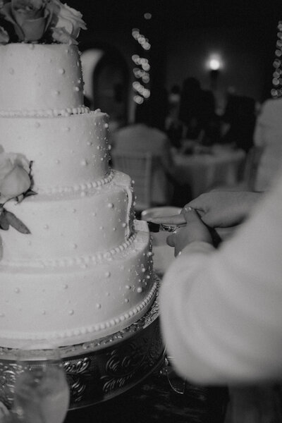 close up of couple cutting their wedding cake