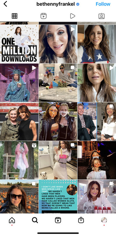Bethenny Frankel's Instagram grid before working with Love Social Media for social media management