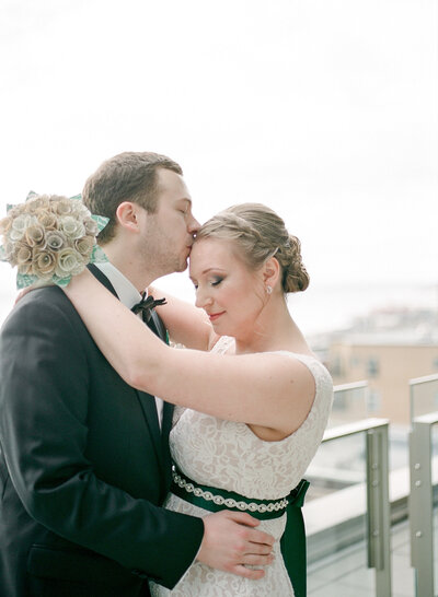 Bride and groom walk up memorial steps at their DC wedding