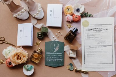 Wedding detail photo with all of the items packed by bride and groom.