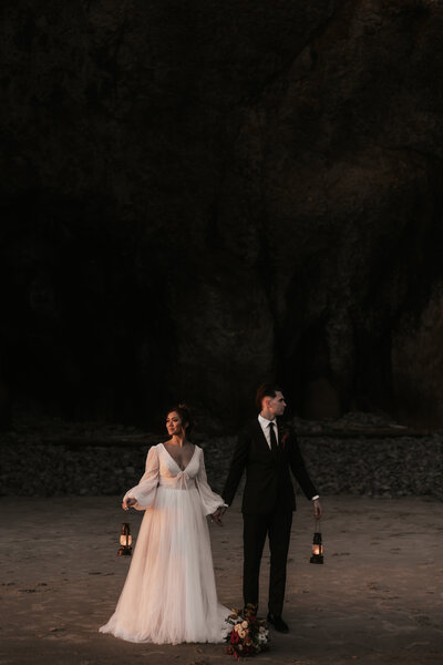 Nighttime bride and groom photos with lanterns