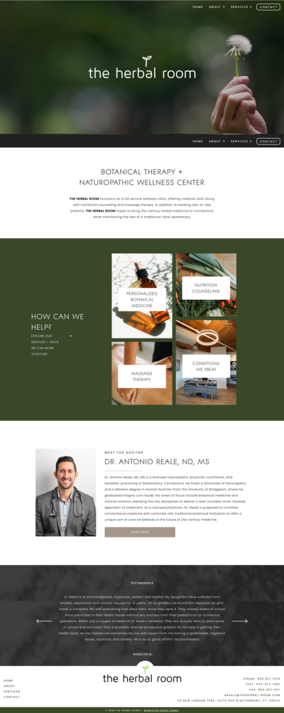 Website for "The Herbal Room" with a nature theme. Includes images of herbal medicine, nutrition, massage, and a doctor's profile. Tone is calm and professional.
