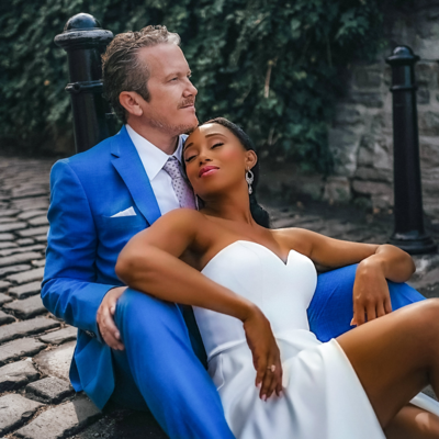 Voyagers Escape founders, Brett Schneider and Zee James, pose for portrait in a blue suit and white dress