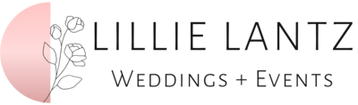 Half circle in a pink gradient with a black flower followed by Lillie Lantz Weddings plus Events text.