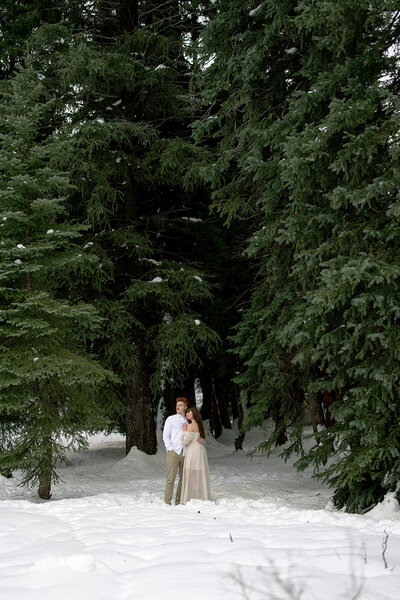 Snowy engagement photos at Jordan Pine Campground