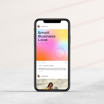 Instagram post mockup for influencer, there is a colourful gradient background and a bold font that says "small business love"