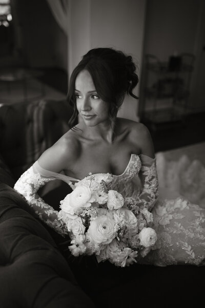 Black and white bridal portrait from Dakota and Whitney’s wedding at Mustard Seed Gardens, captured by Rainstorm Photo & Video with soft light and timeless elegance.