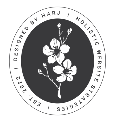 Designed by Harj Logo with tagline Holistic Marketing Strategies written around cherry blossoms