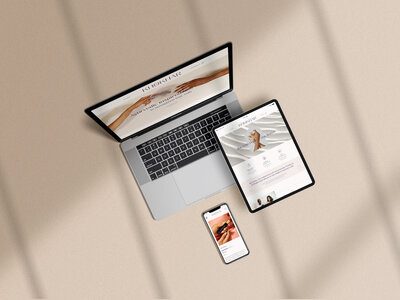 Responsive website design for vegan nail serum rband shown on laptop, tablet, and iphone