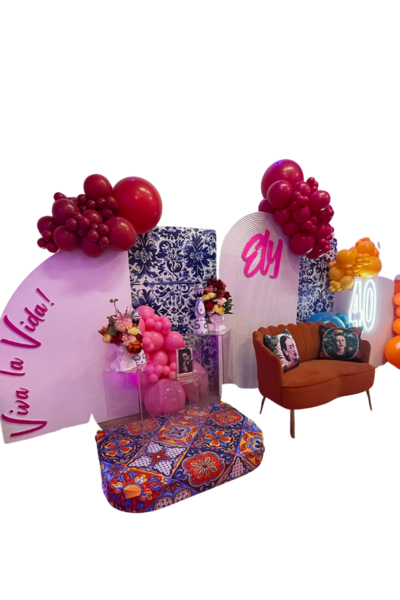 Multiple wooden backdrops and decorative backdrops with balloons attached and neon marquees designed by Loononna, Orlando, FL