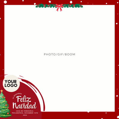 Red square template with “Feliz Navidad” and holiday graphics, includes a circle space for client logo.