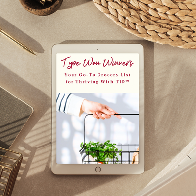 T1D Mama’s Guide to Blood Sugar Balance ebook from Type Won Coaching™, featuring simple swaps and practical blood sugar tips for family meals.