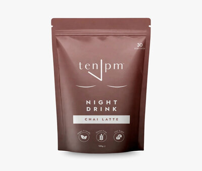 Ten PM Night Drink chai latte pouch – a low-sugar, caffeine-free alternative to support relaxation.