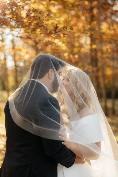 The bride and groom under the blusher veil.