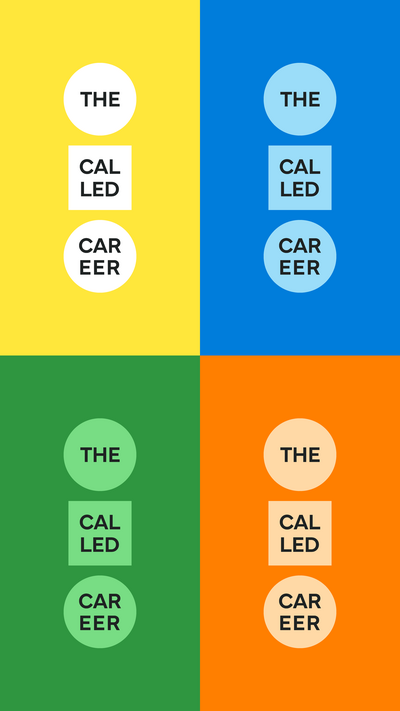 Green, orange, yellow, and blue boxes with The Called Career logo in lighter colors on each box