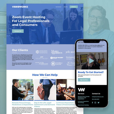 VideoWorks Custom Website Design mockup and web design shown on a phone