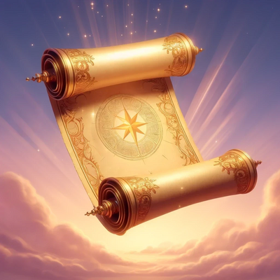 
Glowing ancient scroll in the sky surrounded by clouds representing Animal Communication service
