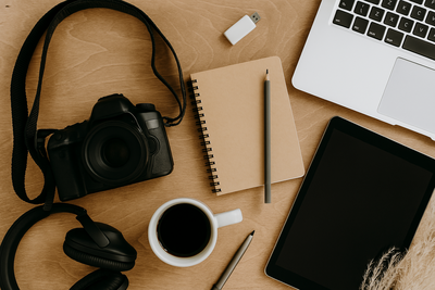 Flat lay of a creative workspace featuring natural textures and neutral tones, designed to complement a dating photography brand’s Showit website layout.