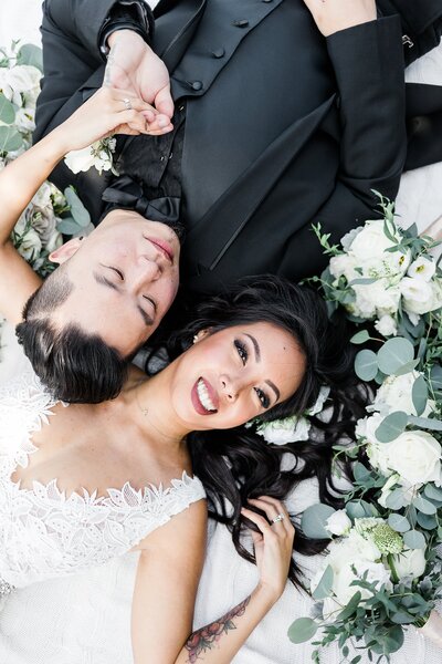 Bride and groom walk up memorial steps at their DC wedding