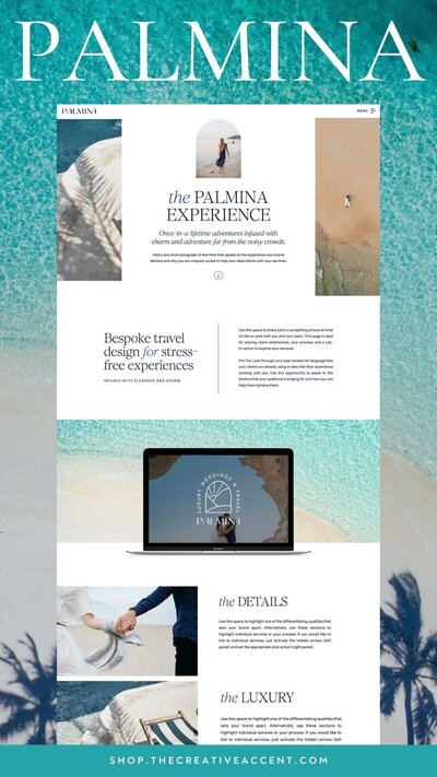 experience page design for Palmina - a showit website template for travel agents