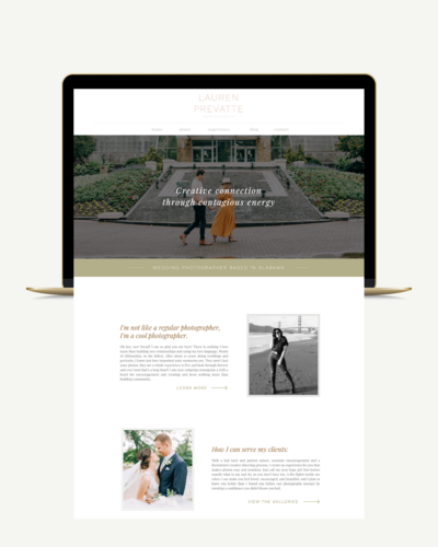 Screen capture of Lauren Prevatte Photography Showit website design displayed on gold MacBook Pro