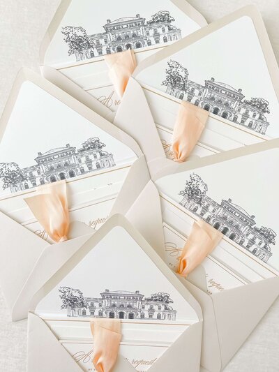 Custom line art venue illustration envelope liner of Elstowe Manor at Elkins Estate