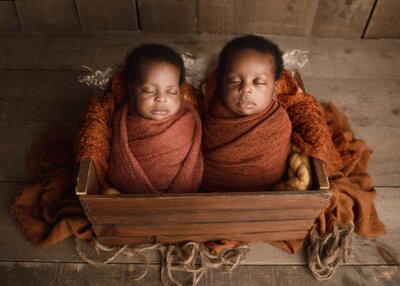 Twin baby boys in a crate prop wearing orange