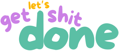 Gold, green and purple logo that says "Get Shit Done Hub"