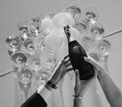 Champagne tower details during reception at La Bonne Vie Ranch