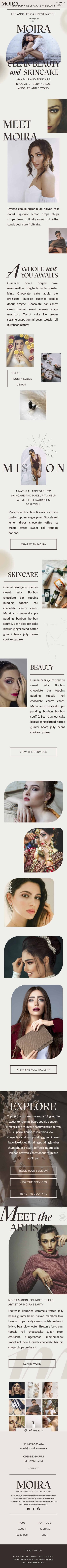 A mobile webpage for Moira, our Showit website template for service-based businesses, featuring product collections and benefits, along with images of products, nature-inspired backgrounds, and models using the cosmetics.