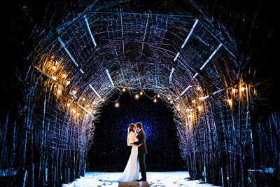 A wedding couple kissing at night in a garden while snow falls around them in Dexter Michigan at Cornman Farms
