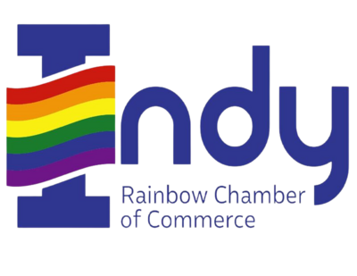 Indiana Rainbow Chamber of Commerce logo. An uppercase letter "I" with a rainbow flag waving over it.