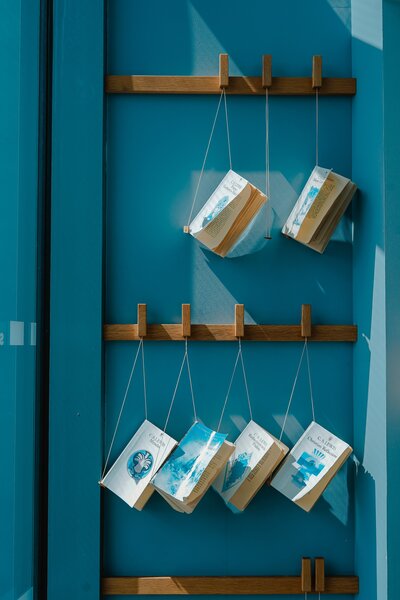 Books with string through the spines hanging from wooden hooks in front of a bright blue wall. Photo by Toa Heftiba via Unsplash.