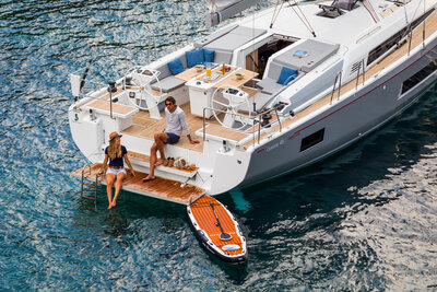 beneteau oceanis 46 with people lounging and swimming