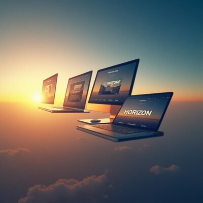 Ordinateurs et smartphone affichant un même visuel web flottant au-dessus des nuages au coucher du soleil, symbolisant la présence en ligne et la stratégie sur les réseaux sociaux pour le blog de Lili Créa Design