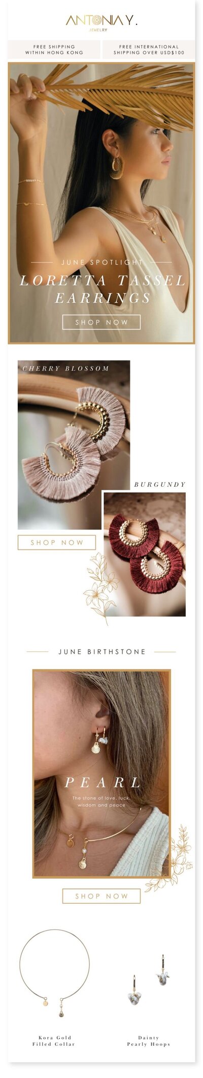 eDM design by E-commerce Graphic Designer in Hong Kong Kyra Janelle for Antonia Y. Jewelry’s accessories marketing their best-selling products to email subscribers.