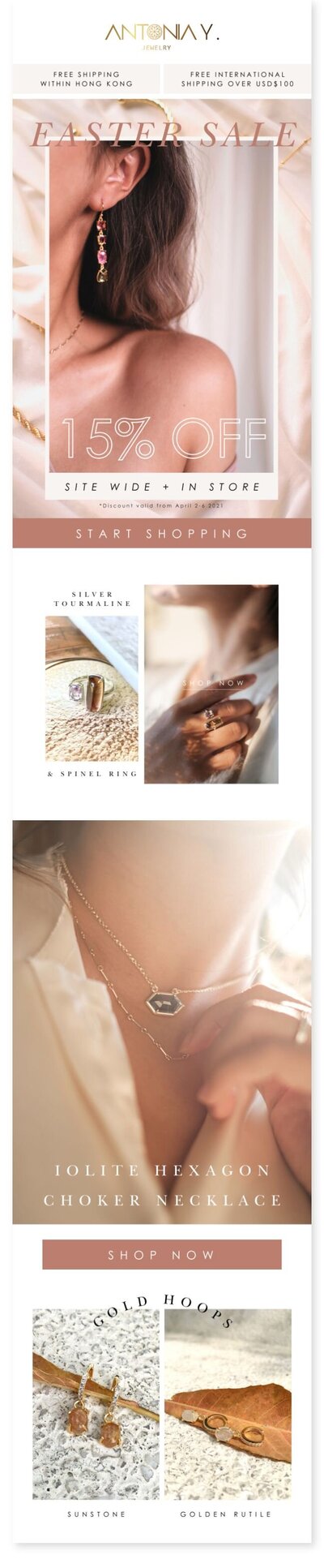E-commerce email newsletter design by Graphic Designer in Hong Kong Kyra Janelle, promoting Antonia Y. Jewelry’s sitewide sale.