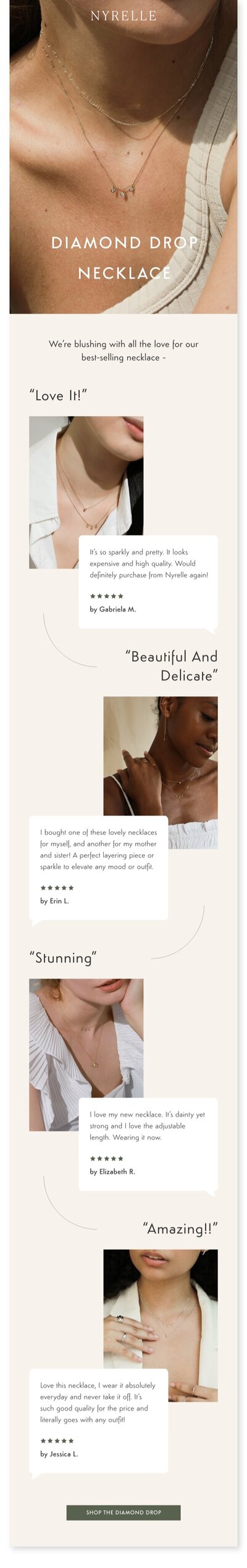E-commerce Email Campaign Design by Graphic Design Expert in Hong Kong Kyra Janelle Featuring Customer Reviews of NYRELLE's Best-Selling Diamond Drop Necklace.