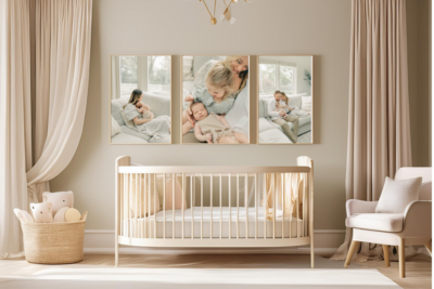 A serene nursery scene featuring a crib beneath framed family portraits from a Kansas City photo session, highlighting the custom artwork Meredith Maag installs for clients.
