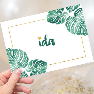 monstera watercolor painting on birth card