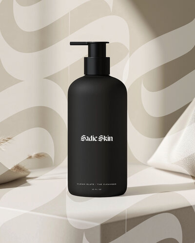 skin cleanser pump bottle mockup of Sadie Skin packaging